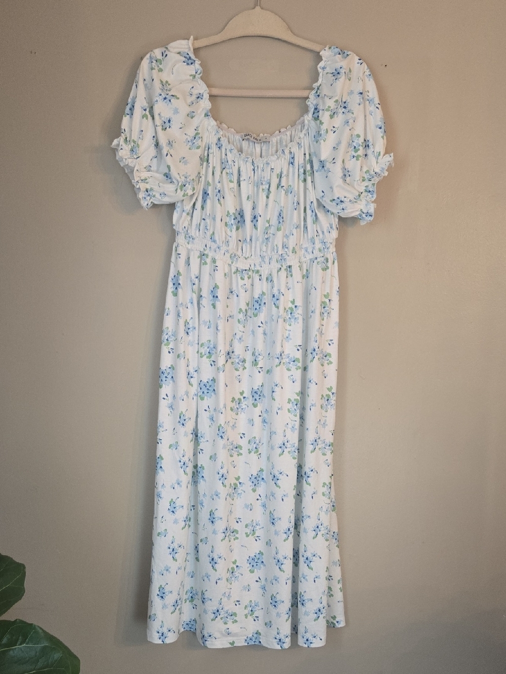 Grace Karin - White Floral Puff Sleeve Midi Dress with Blue & Green Print